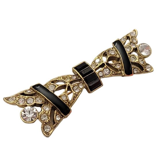 1928 Brand Black Baguette Enamel Clear Rhinestone Bar Brooch Pin K324 - Picture 3 of 8